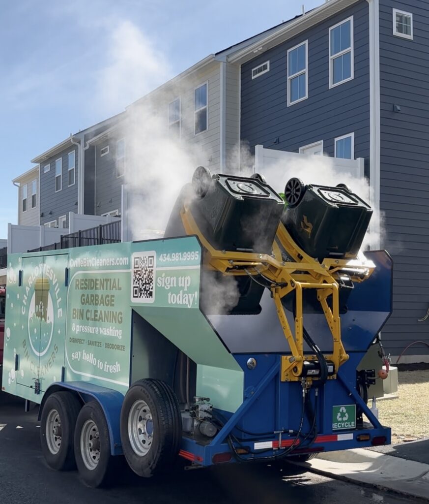 Professional cleaning of a residential garbage bin in Charlottesville, Virginia